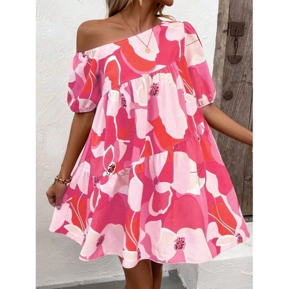 Boho Oversized Floral Mini Dress Mini Pink - Picture 5 of 7